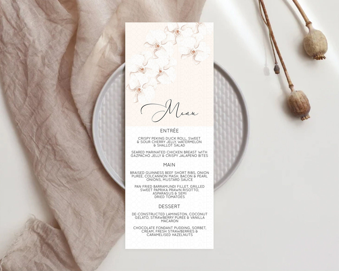 Tropical Menu Template Tropical Menu Palm Leaf Fern Table Decor Frangipani Floral White Orchid Dinner Dessert Menu Party Food Menu D11049