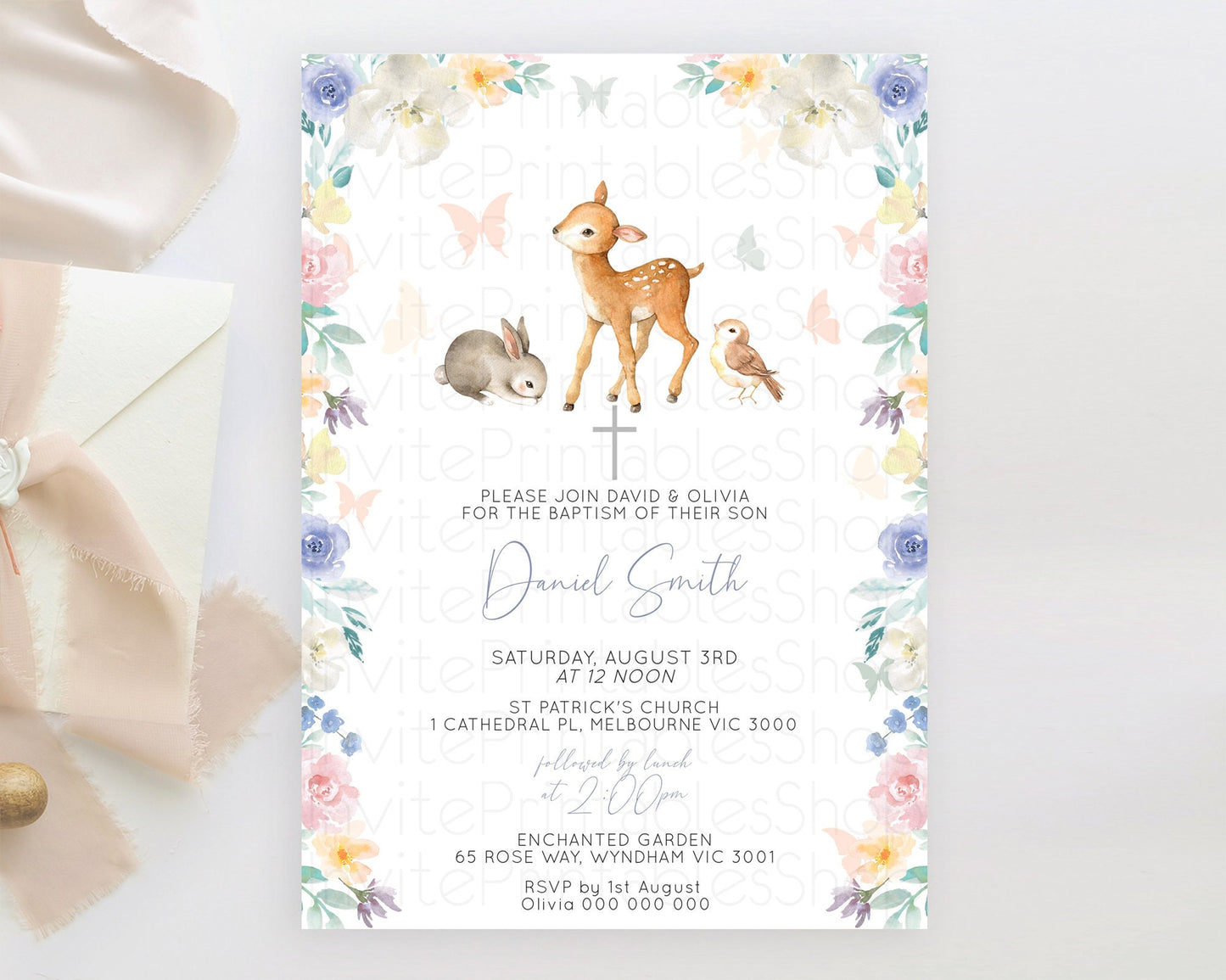 Fawn Baptism Invitation Deer Baptism 1st Birthday Invitation Enchanted Forest Christening Invitation Pastel Garden Butterfly Floral D10930