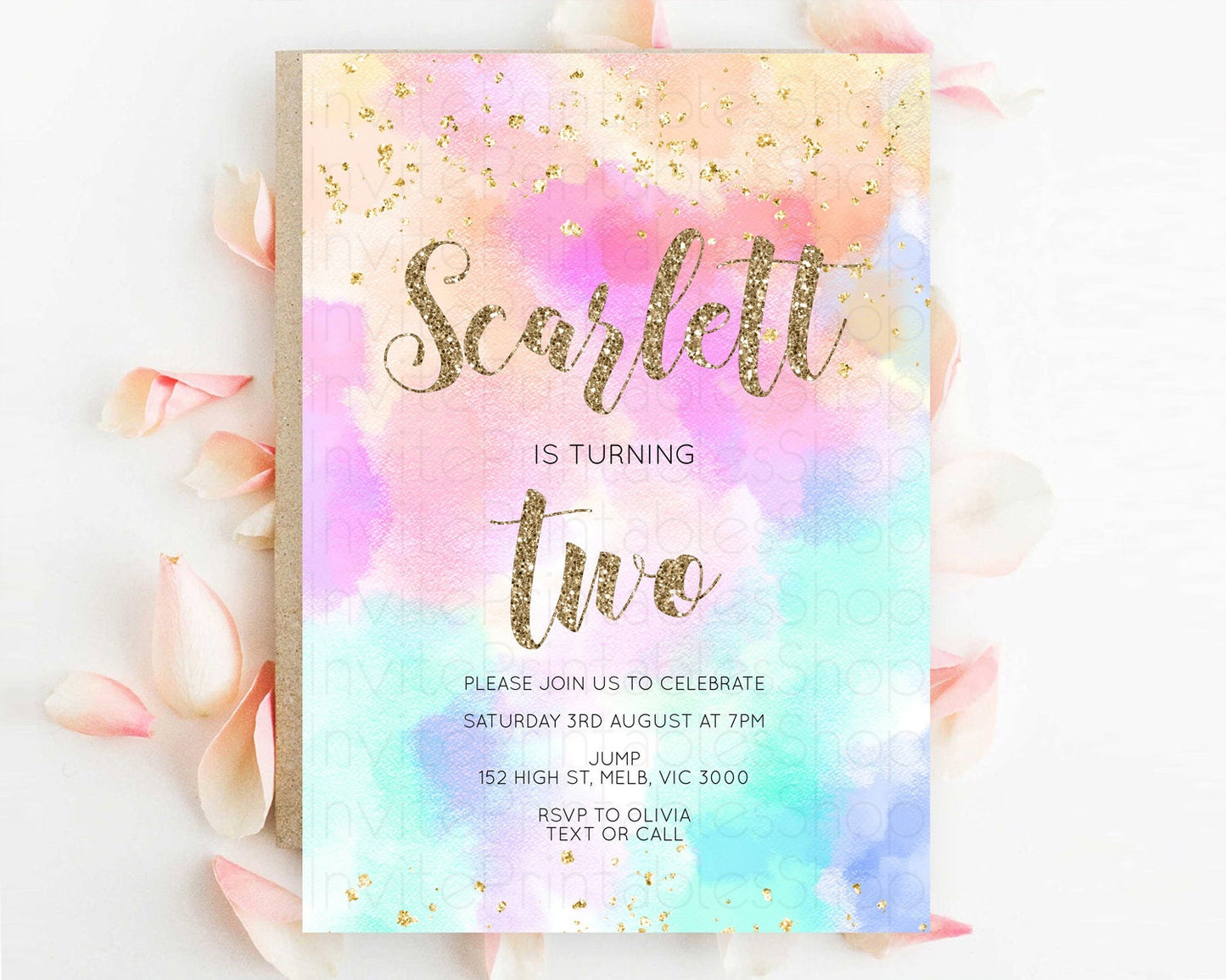 Rainbow Birthday Invitation Colorful Pastel Watercolor Invitation Gold Glitter Sprinkles Ombre Pastel 1st 2nd 3rd Birthday D10669