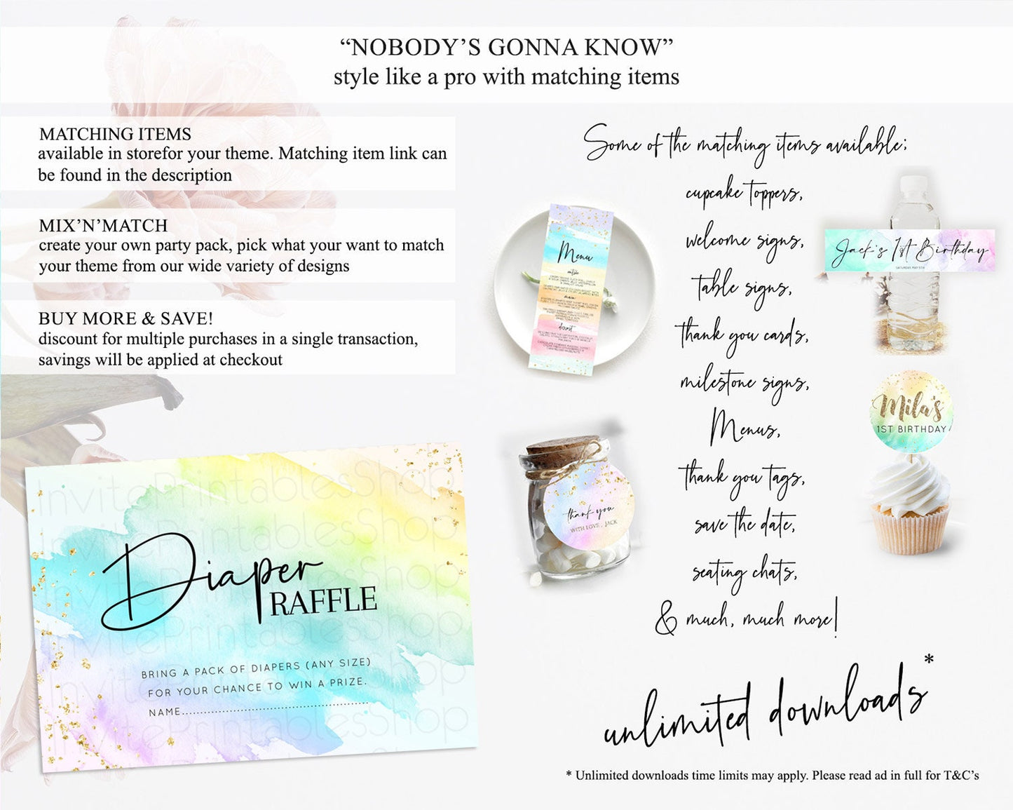 Pastel Diaper Raffle Card Pastel Rainbow Diaper Raffle Insert Colorful Ombre Watercolor Diaper Ticket Confetti Glitter Raffle Game D10171