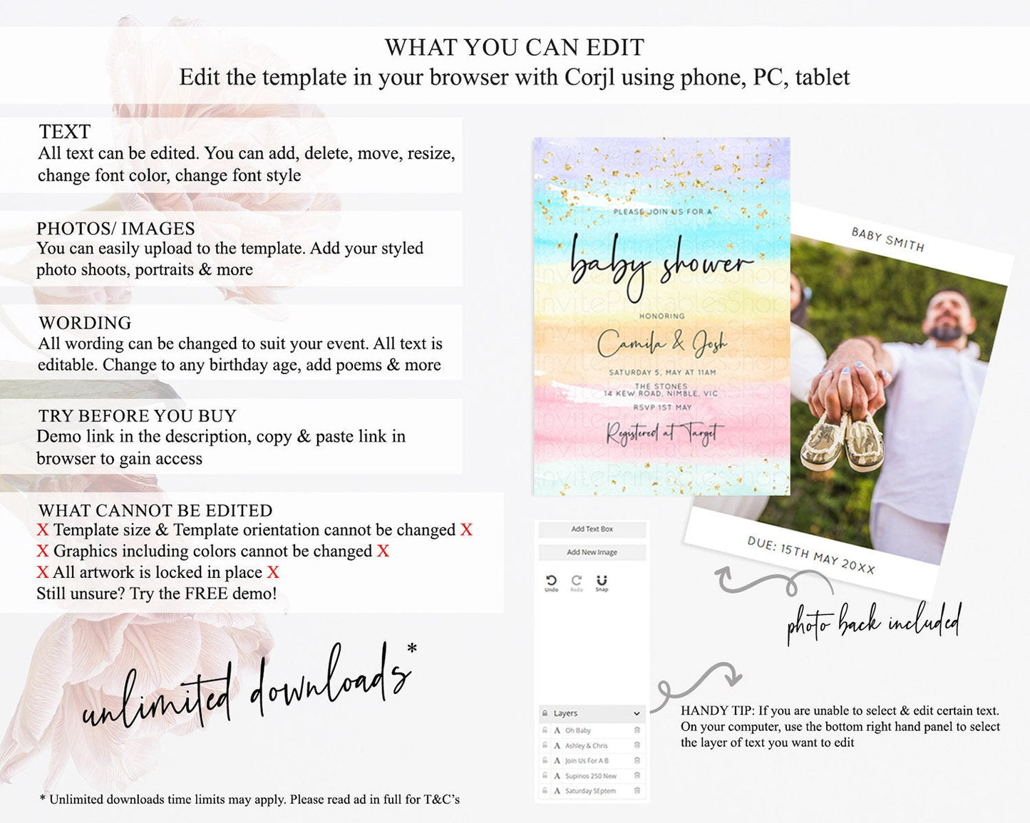Pastel Baby Shower Invitation Rainbow Baby Shower Invitation Colorful Pastel Watercolor Invitation Gold Glitter Sprinkles Ombre D10505