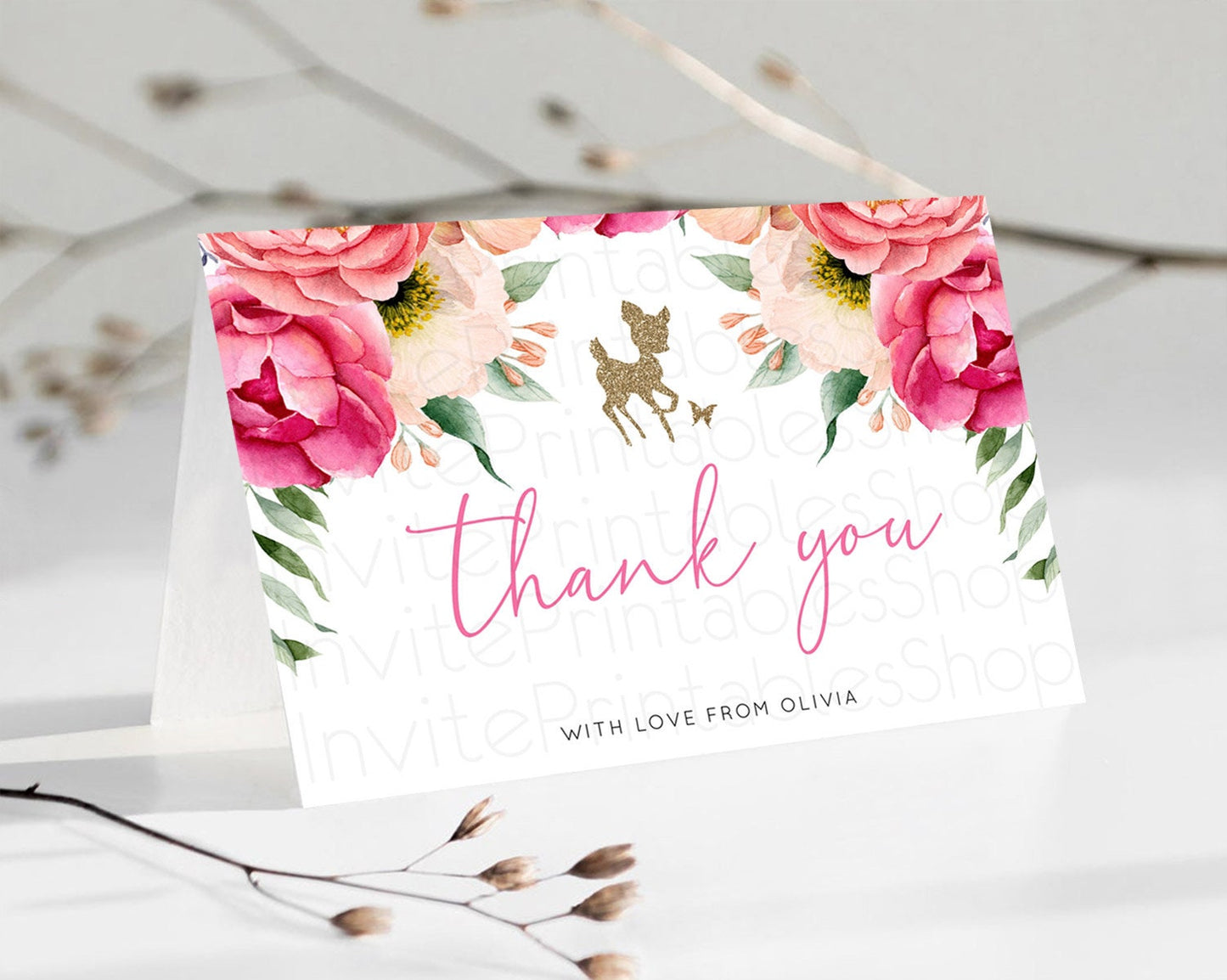 Fawn Thank You Deer Thank You Card Pastel Floral Deer Birthday Thank You Card Enchanted Forest Butterfly Deer Teacher Thank You Card D10326