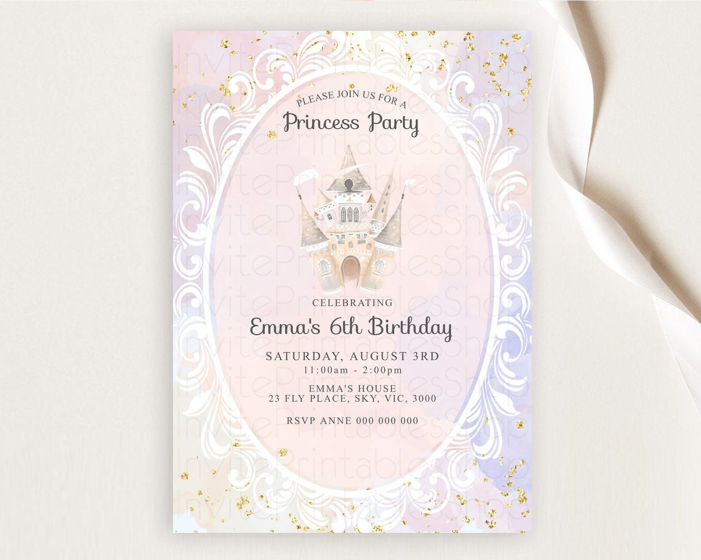 Princess Birthday Invitation Princess Invitation Pastel Invitation Royal Birthday Rainbow Color Enchanted Castle 1st First Birthday D10163