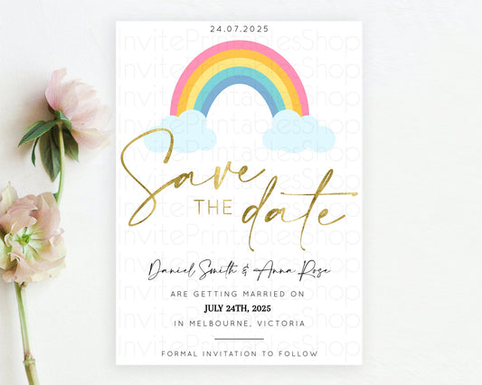 Pastel Rainbow Save The Date Template Boho Colorful Rainbow Party Rainbow Baby Theme For 1st Birthday Baptism Baby Shower Wedding D10123