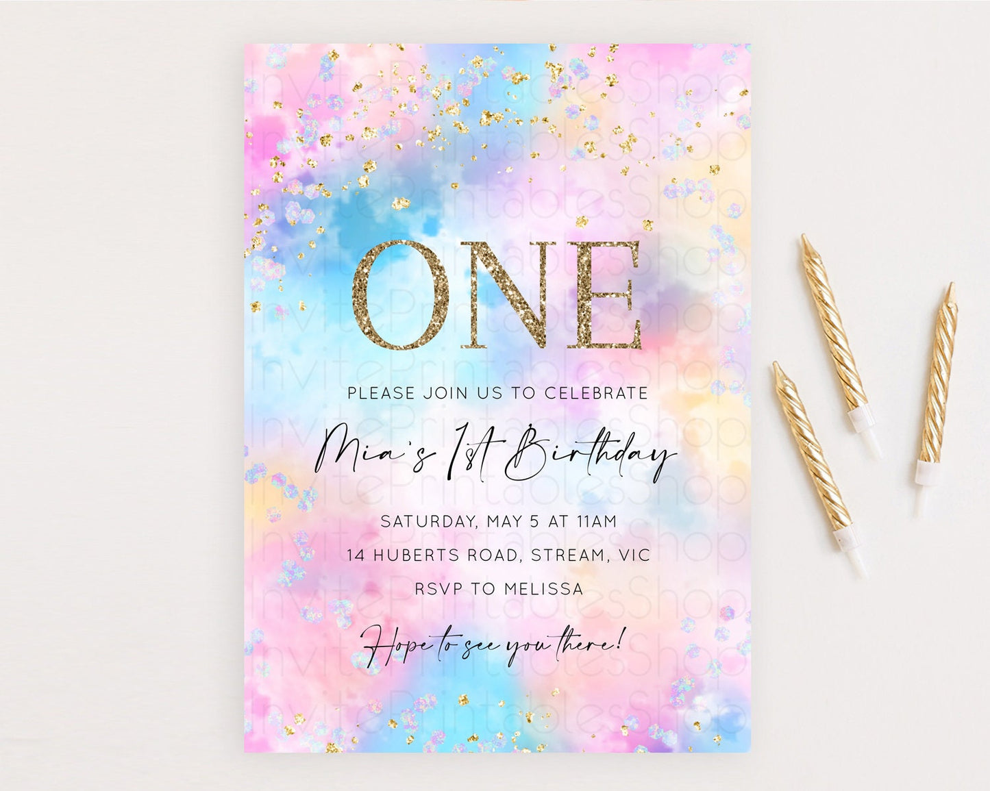 Rainbow Birthday Invitation Colorful Pastel Watercolor Invitation Gold Glitter Sprinkles Ombre Pastel 1st 2nd 3rd Birthday D10607