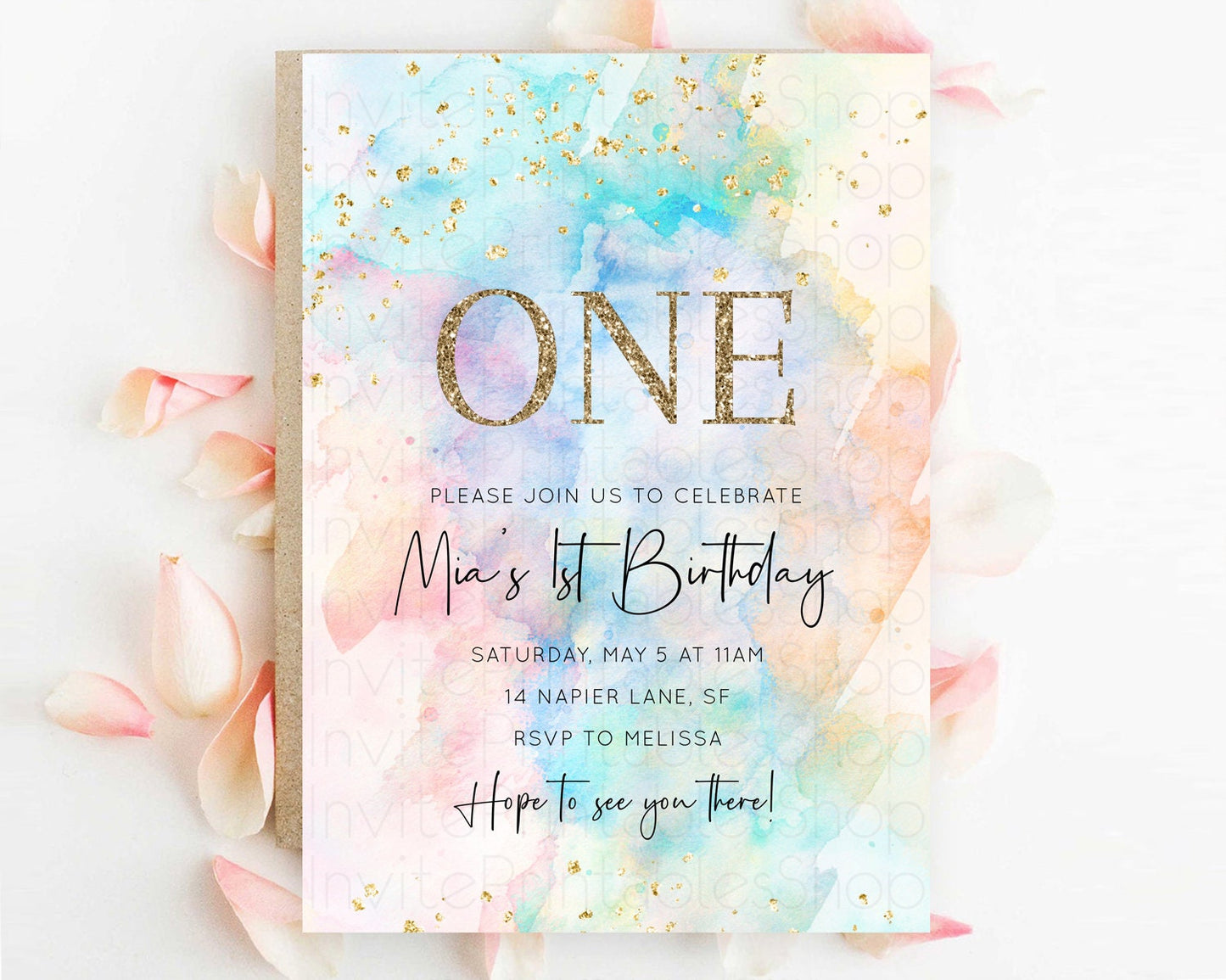 Rainbow Birthday Invitation Colorful Pastel Watercolor Invitation Gold Glitter Sprinkles Ombre Pastel 1st 2nd 3rd Birthday D10266
