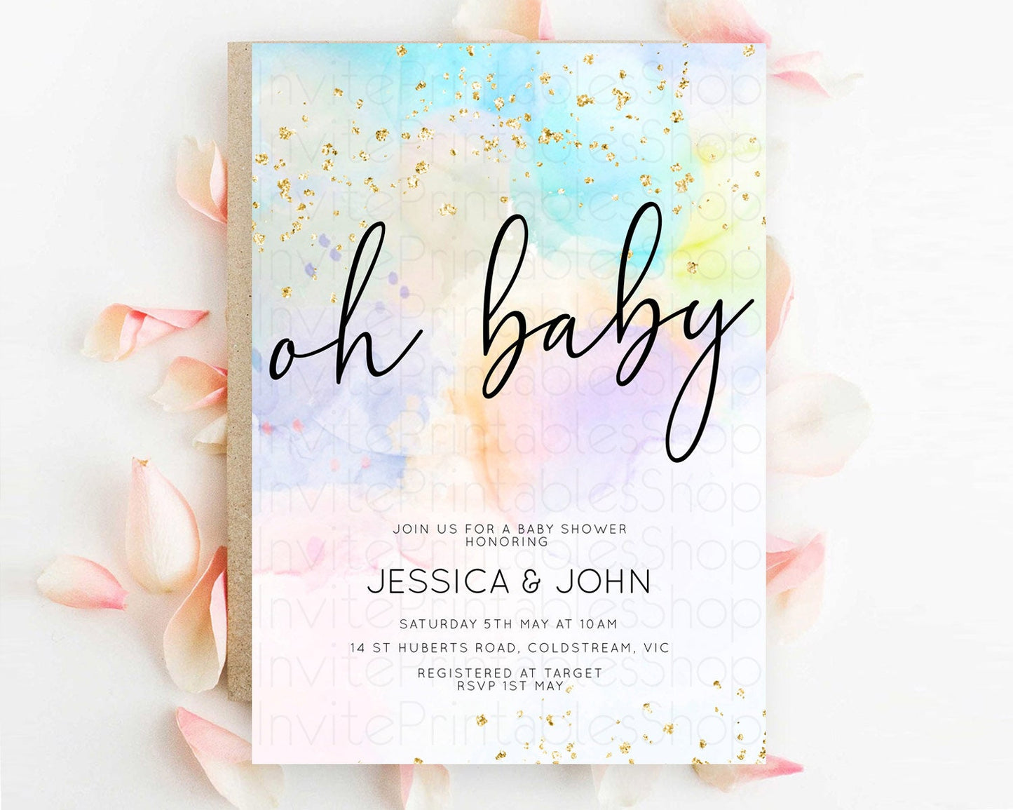 Pastel Baby Shower Invitation Rainbow Baby Shower Invitation Colorful Pastel Watercolor Invitation Gold Glitter Sprinkles Ombre D10769