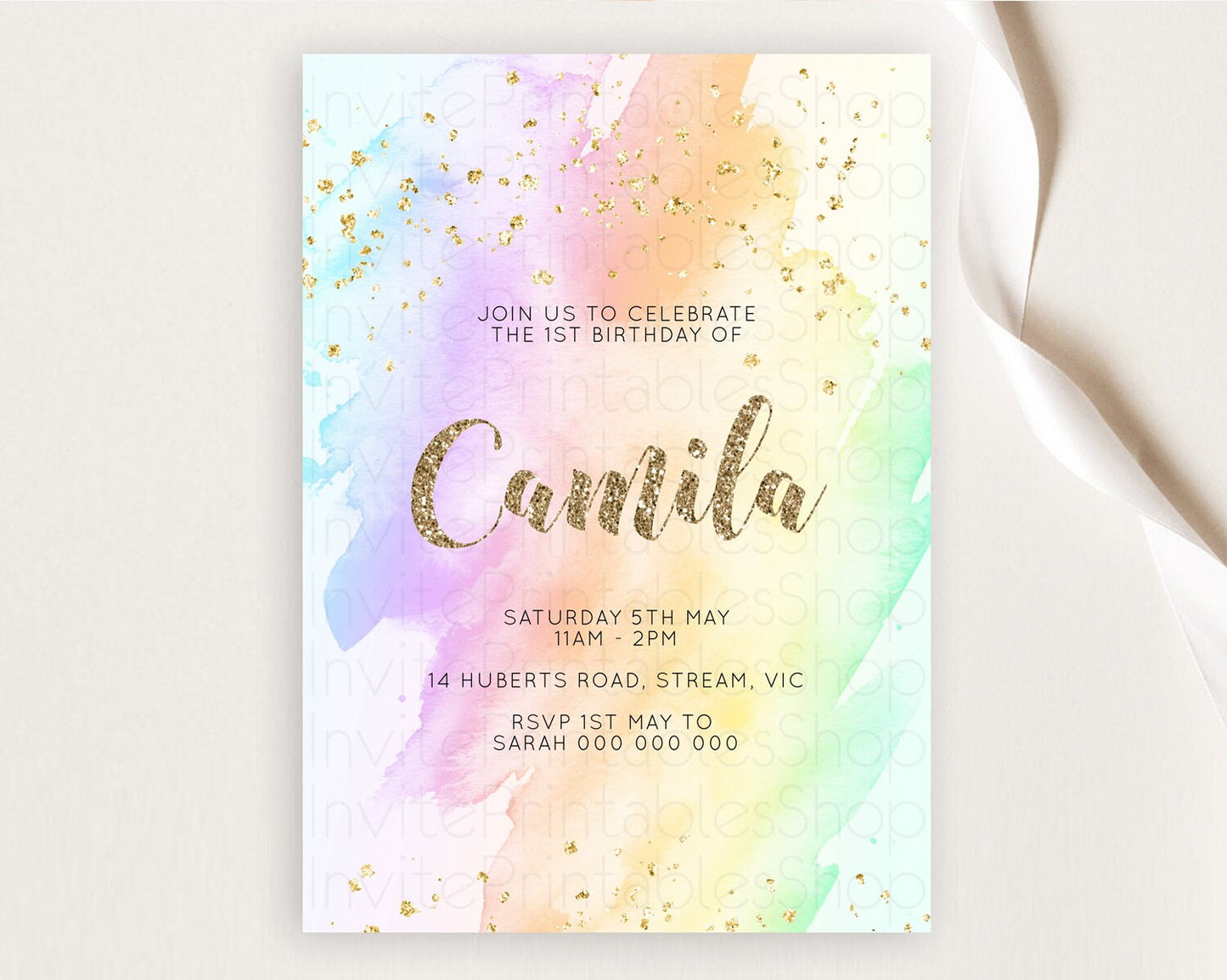 Rainbow Birthday Invitation Colorful Pastel Watercolor Invitation Gold Glitter Sprinkles Ombre Pastel 1st 2nd 3rd Birthday D10643