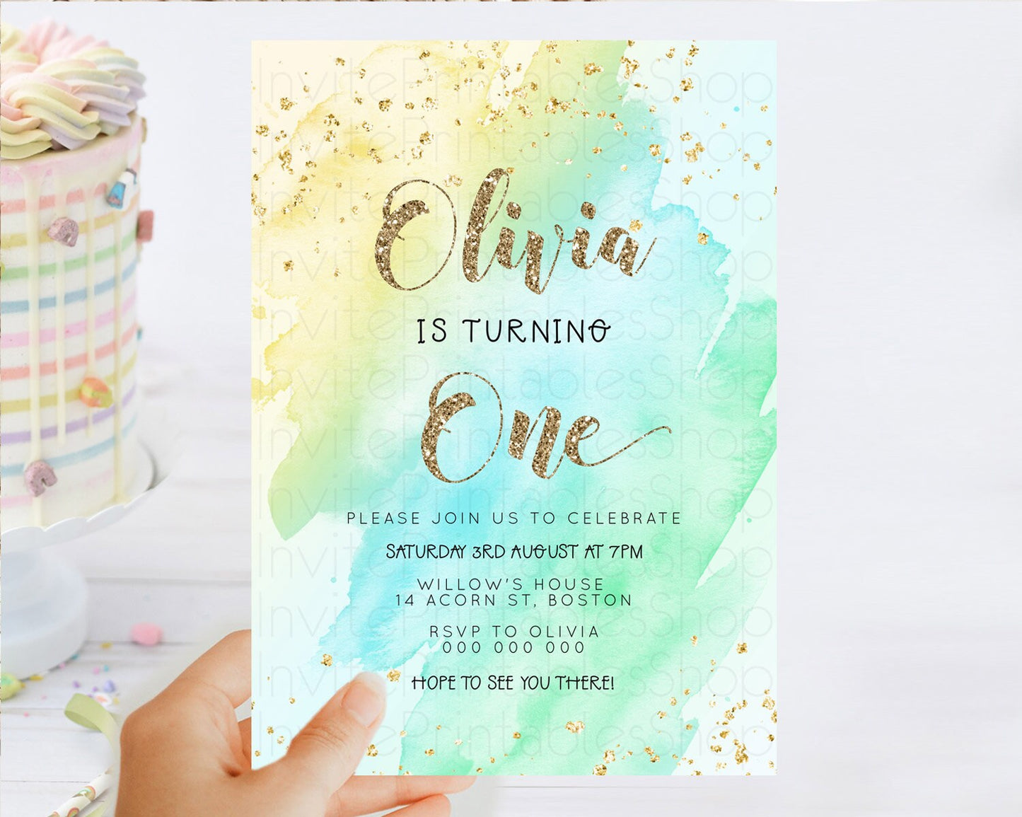 Rainbow Birthday Invitation Colorful Pastel Watercolor Invitation Gold Glitter Sprinkles Ombre Pastel 1st 2nd 3rd Birthday D23289