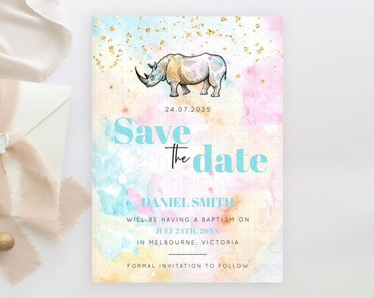 Pastel Rhino Save The Date Template Rainbow Watercolor Rhino Party Save The Date Colorful Rhino Theme Birthday Baptism Baby Shower D10287