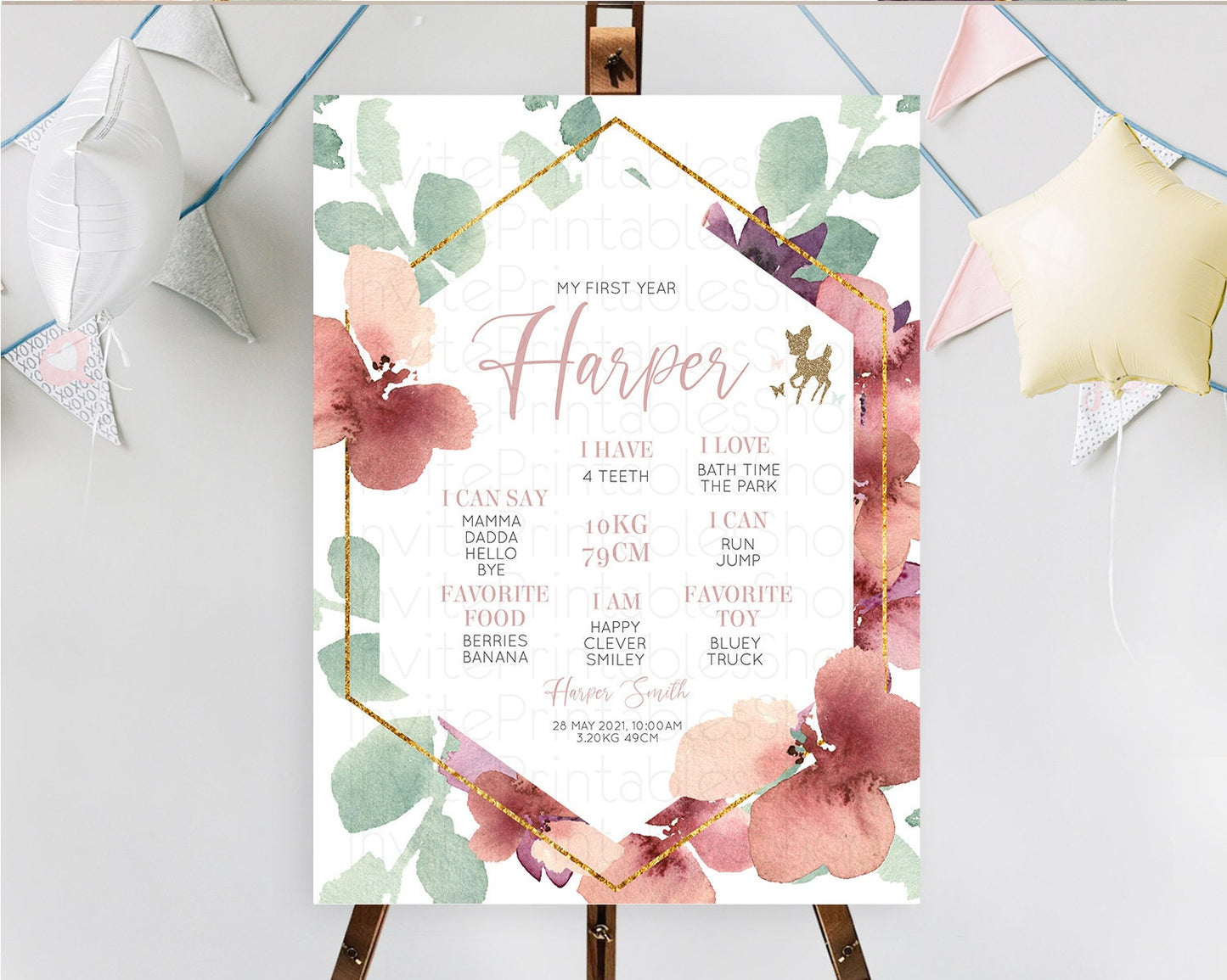 Editable Fawn First Birthday Milestone Board Deer First Birthday Milestone P