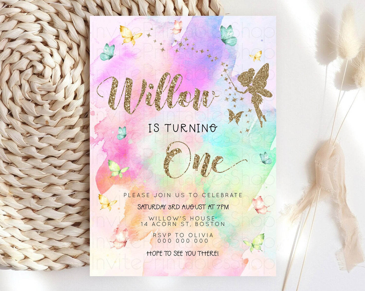 Pastel Fairy Birthday Invitation Pastel Butterflies Fairy Birthday Invitation Rainbow Ombre Watercolor 1st 2nd Birthday Invitation D23337