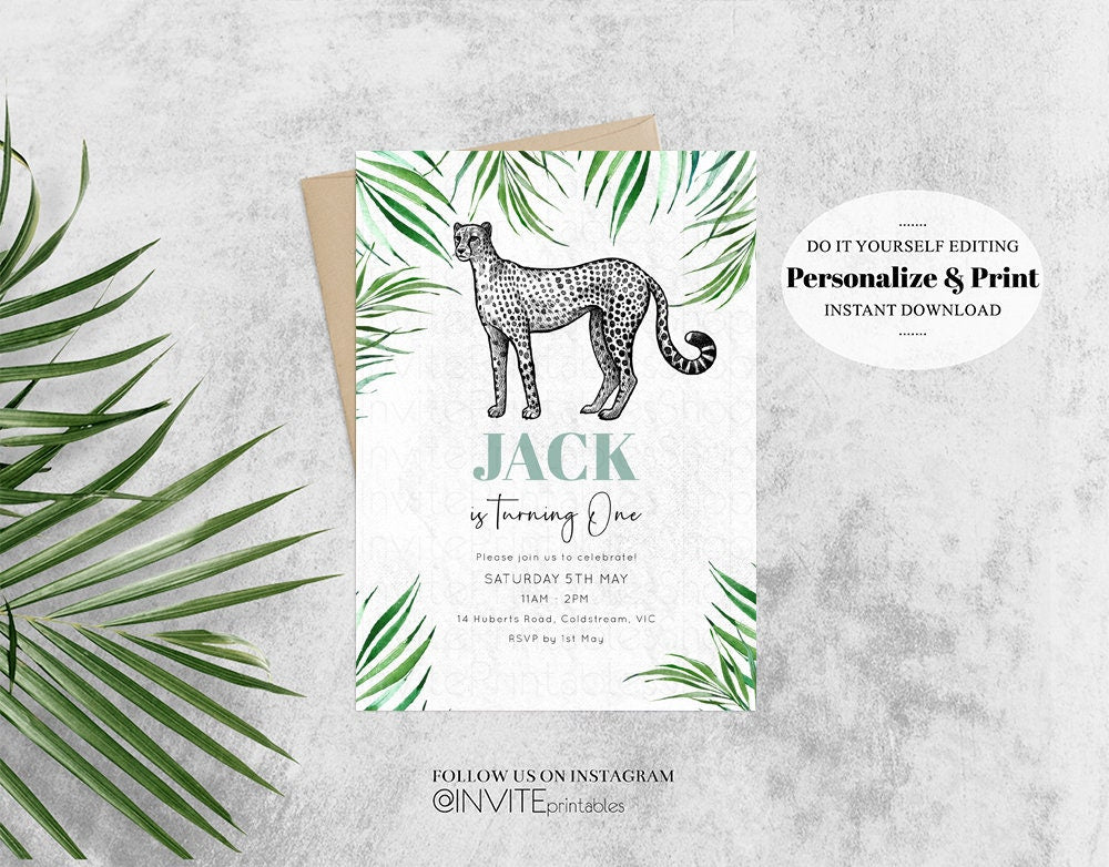 Cheetah Birthday Invitation Watercolor Cheetah Invite Tropical Palms Jungle Safari Adventure Zoo Party Wild Party Animal 287