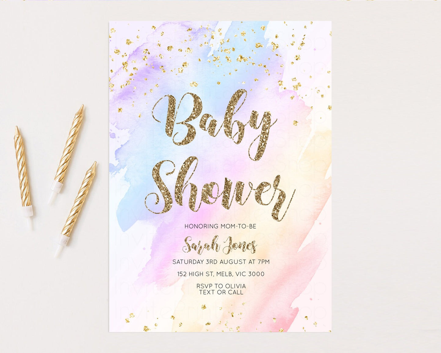 Rainbow Baby Shower Invitation Pastel Baby Shower Invitation Watercolor Ombre Invitation Rainbow Pastel Colors Invite Glitter Confetti g600