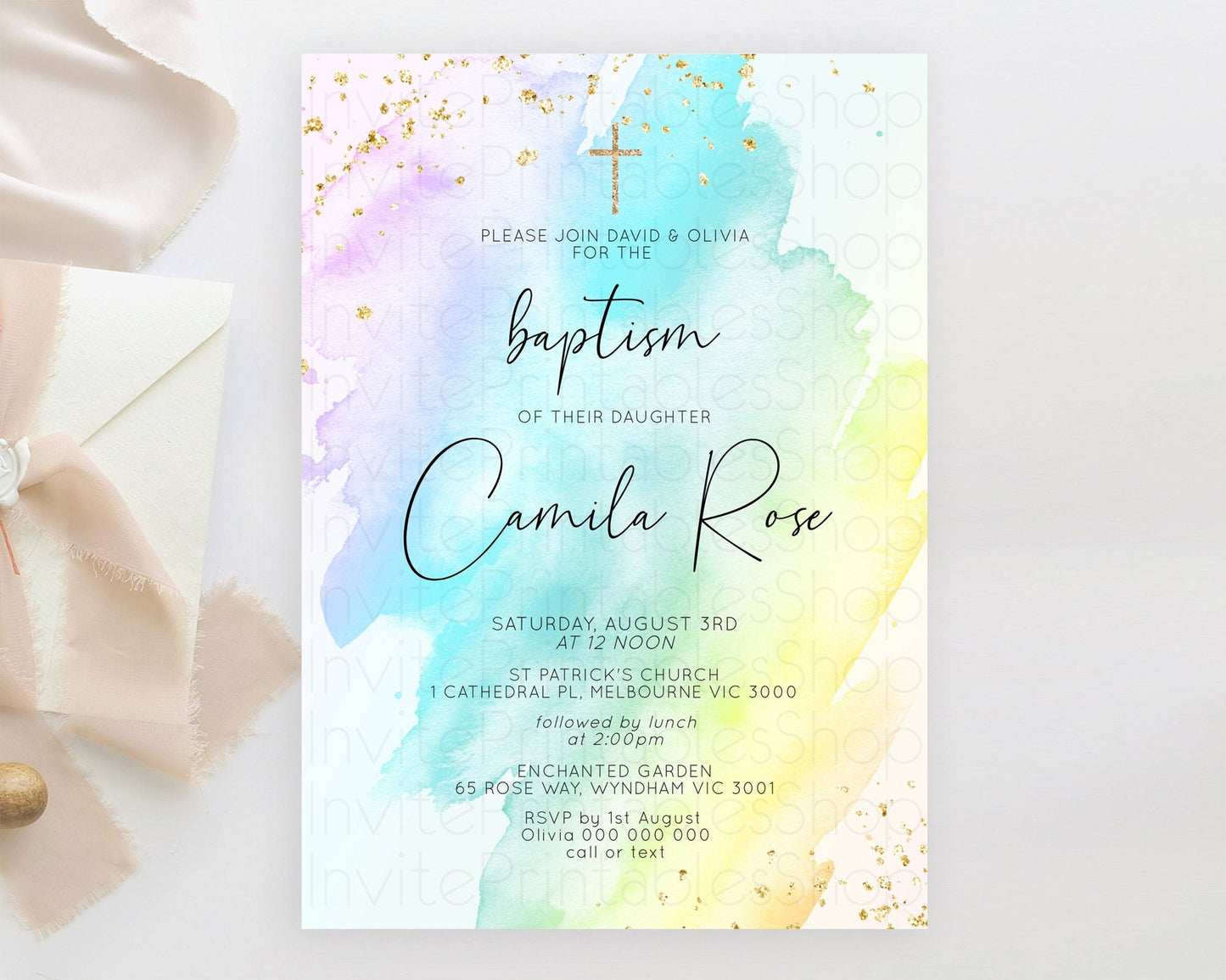 Pastel Baptism Invitation Pastel Colors Watercolor Baptism 1st Birthday Party Gold Ombre Pastel Rainbow Christening Holy Communion D10773