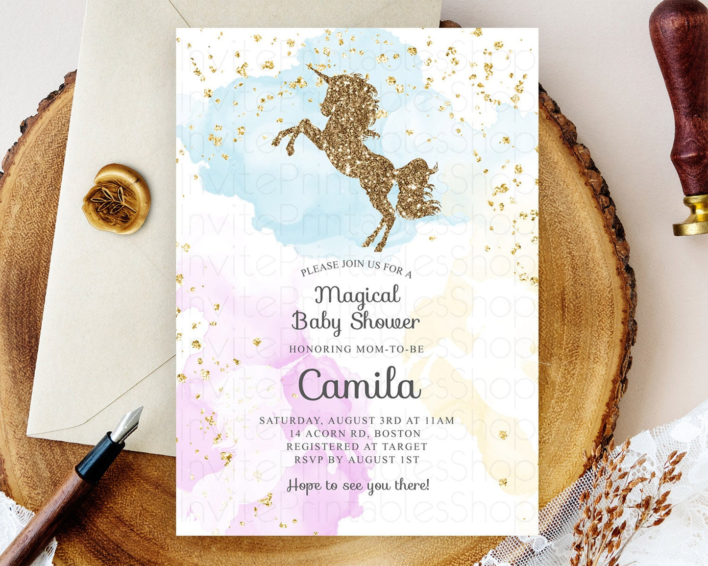 Pastel Unicorn Rainbow Baby Shower Invitation: Pastel Ombre Watercolor with Glitter Sprinkle, Pink, Blue, Yellow Clouds Gender Reveal D10114