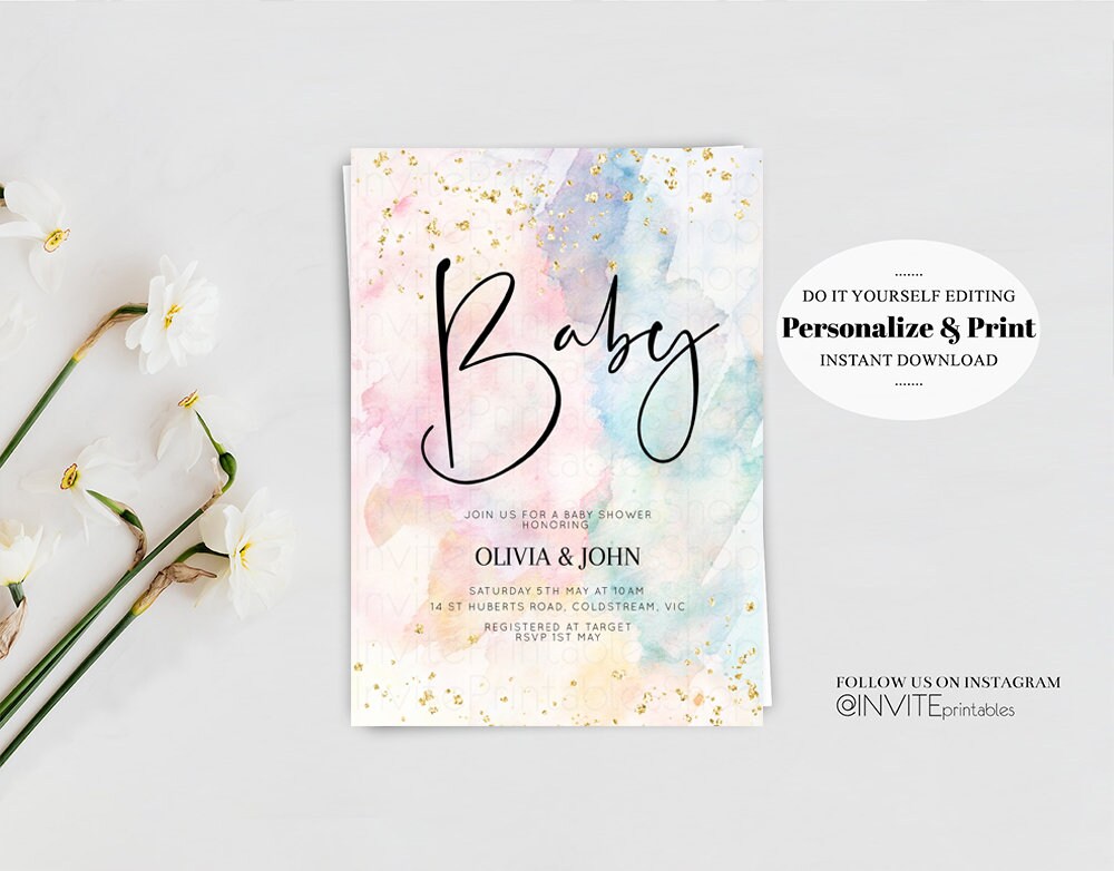 Rainbow Baby Shower Invitation Pastel Watercolor Invitation Colorful Splash Gold Splatter Glitter Foil Sprinkles Confetti Editable 276