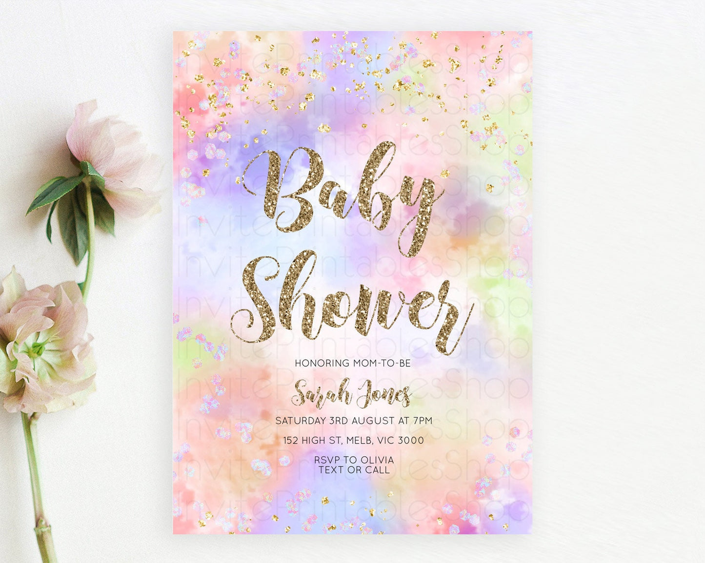 Pastel Baby Shower Invitation Rainbow Baby Shower Invitation Colorful Pastel Watercolor Invitation Gold Glitter Sprinkles Ombre D11019