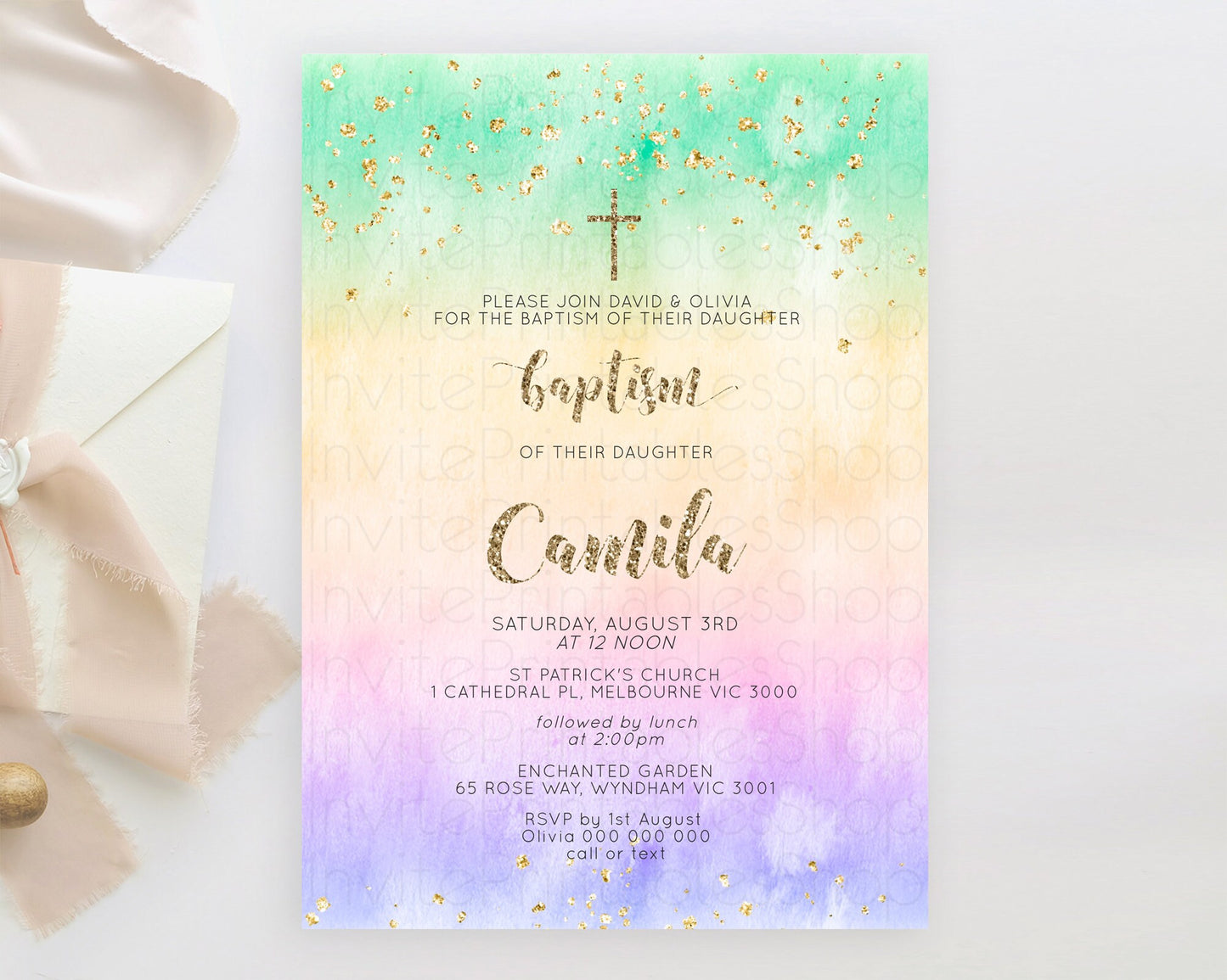 Pastel Baptism Invitation Pastel Colors Watercolor Baptism 1st Birthday Party Gold Ombre Pastel Rainbow Christening Holy Communion D10478