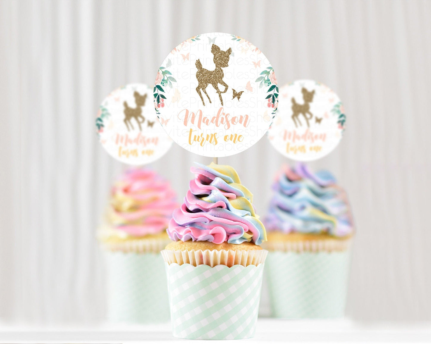 Fawn Cupcake Toppers Deer Cupcake Toppers Enchanted Forest Party Butterfly Pastel Flowers Woofland Cupcake Toppers First Birthday D10874