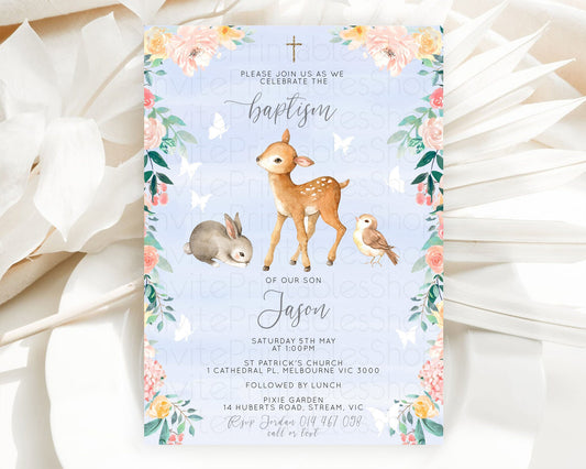 Fawn Baptism Invitation Deer Baptism 1st Birthday Invitation Enchanted Forest Christening Invitation Pastel Garden Butterfly Floral D10920