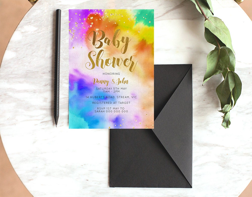 Rainbow Baby Shower Invitation Pastel Watercolor Invitation Tie dye Invite Gold Sprinkle Invite Gold Glitter Invite Confetti Invite 532