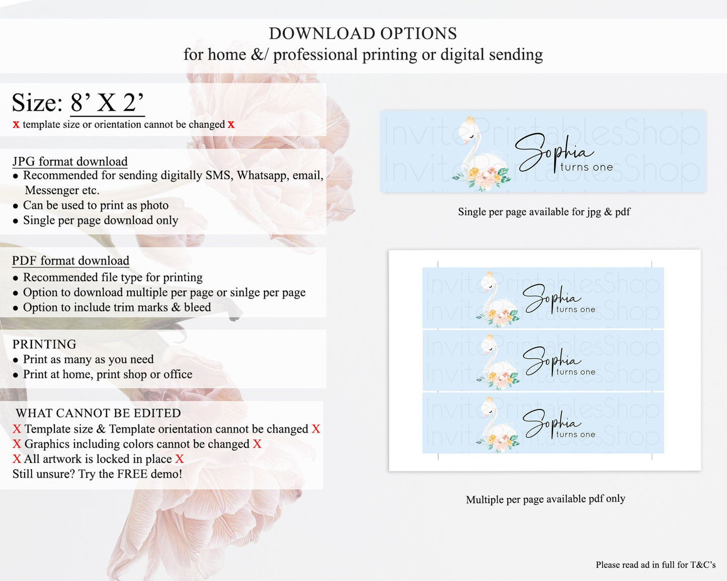 Swan Water Label Template Swan Princess Ballet Party Decor Enchanted Secret Garden Pastel Floral Birthday Baptism Baby Shower D10903