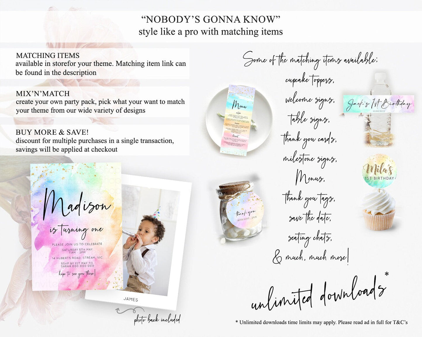 Rainbow Birthday Invitation Colorful Pastel Watercolor Invitation Gold Glitter Sprinkles Ombre Pastel 1st 2nd 3rd Birthday D10449