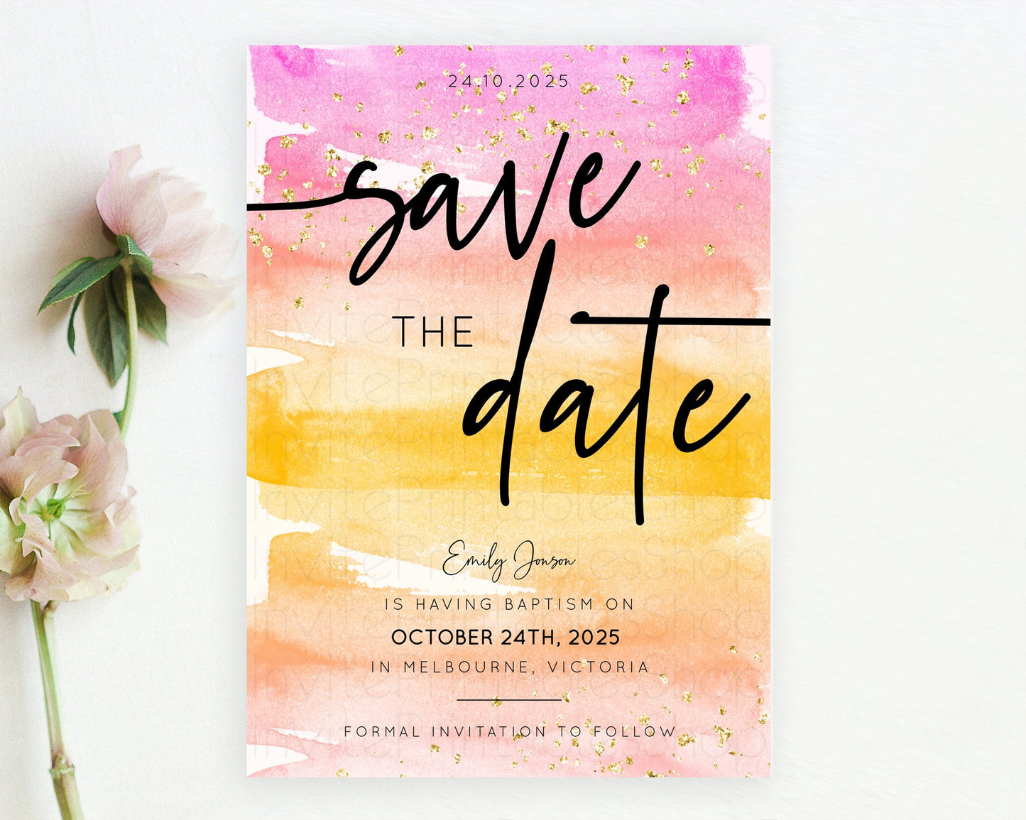 Pastel Save The Date Template Pastel Ombre Rainbow Watercolor Colorful Party For Birthday Baptism Baby Shower Wedding Bridal Shower D10520