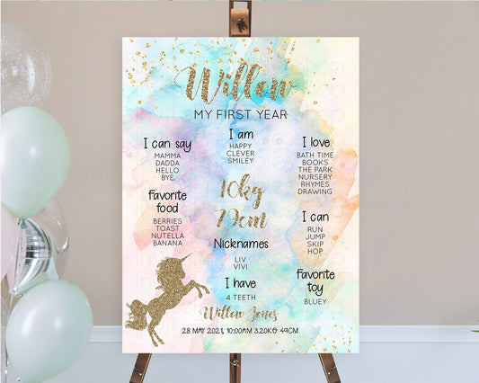 Unicorn Rainbow First Birthday Milestone Poster Pastel Milestone Board Magical Ombre Colorful Watercolor Glitter First Birthday Sign D10949