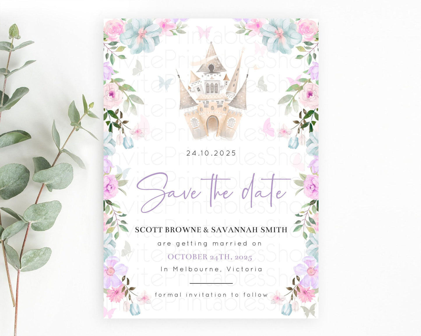 Princess Save The Date Template Secret Garden Enchanted Castle Pastel Floral Royal Party For 1st Birthday Baptism Baby Shower D10471