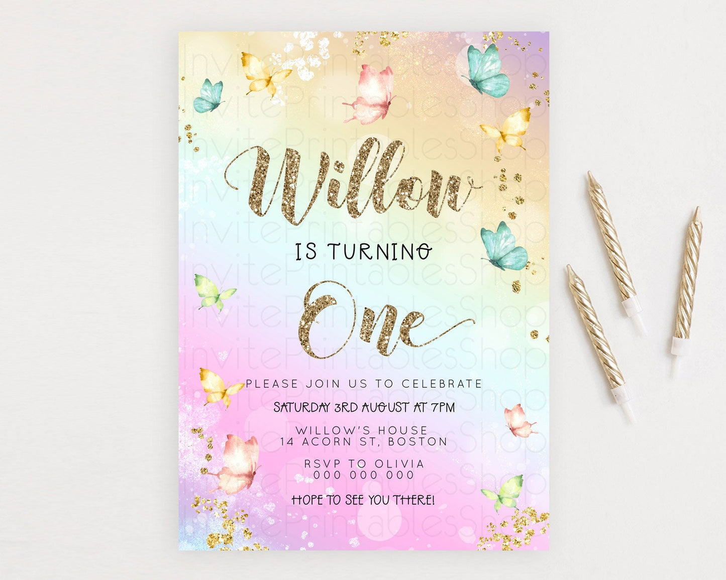 Pastel Butterfly Birthday Invitation Butterfly Birthday Invitation Colorful Splash Glitter Butterfly Garden 1st 2nd Birthday D23084