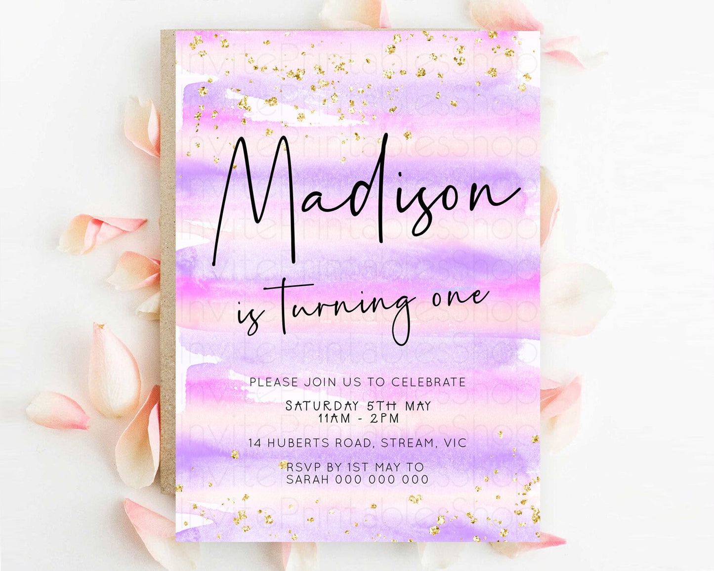 Pink Birthday Invitation pink Watercolor Invitation Pastel pink Watercolor Invitation pink Splash Gold Invitation 1st First Birthday D23035