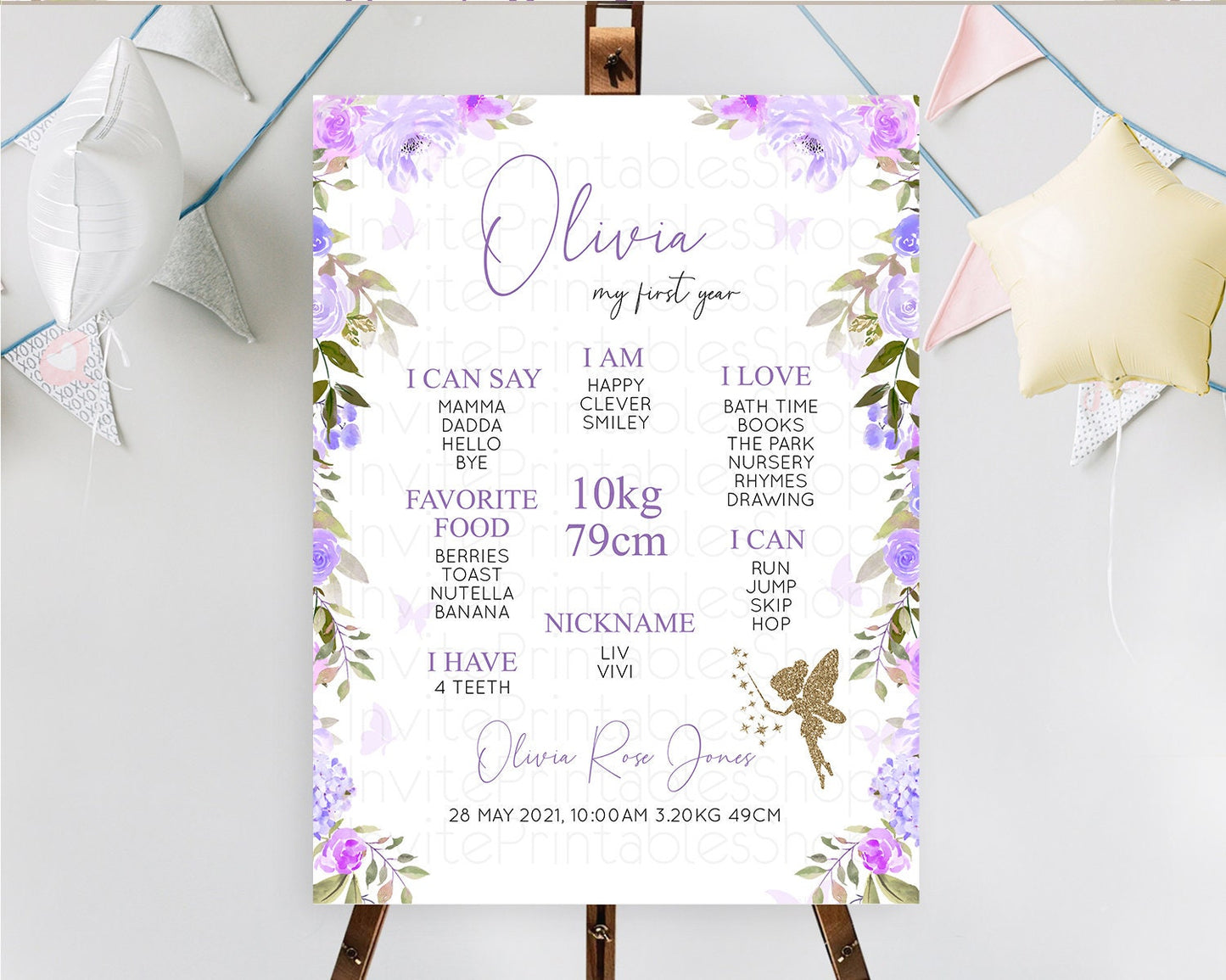 Fairy First Birthday Milestone Poster Fairy Secret Garden Milestone Board Enchanted Garden Pastel Floral Butterfly 1st Birthday Sign D10910
