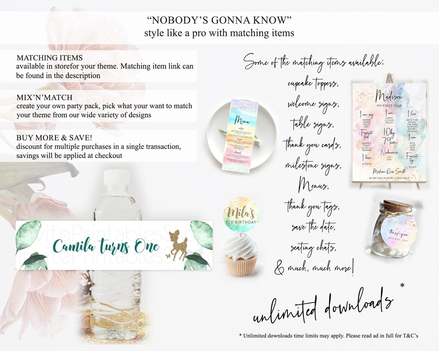 Fawn Deer Water Label Template Pastel Floral Deer Enchanted Forest Butterfly Party Decor Birthday Baptism Baby Shower Bridal Shower D10882