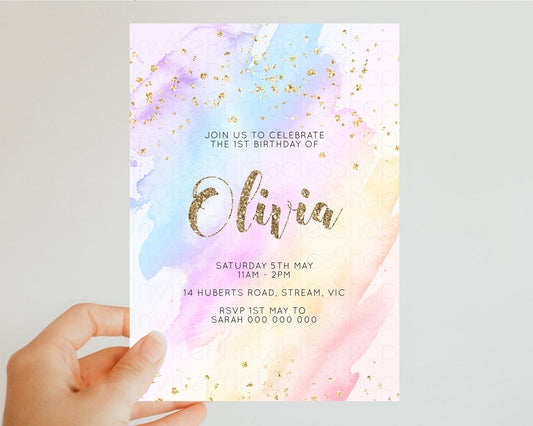 Editable Rainbow Birthday Invitation Glitter Pastel Invitation Colorful Wate