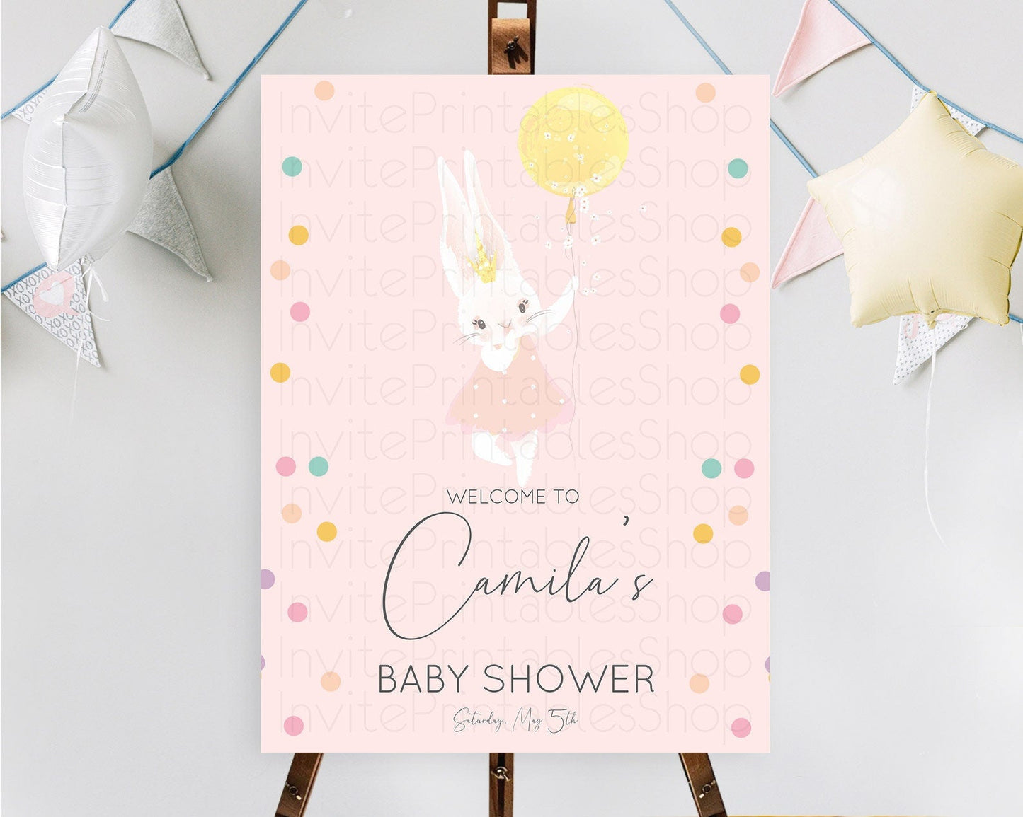Bunny Baby Shower Welcome Sign Bunny Balloon Welcome Board Colorful Pastel Confetti Bunny Welcome Poster Sprinkles Baby Welcome Sign D10219