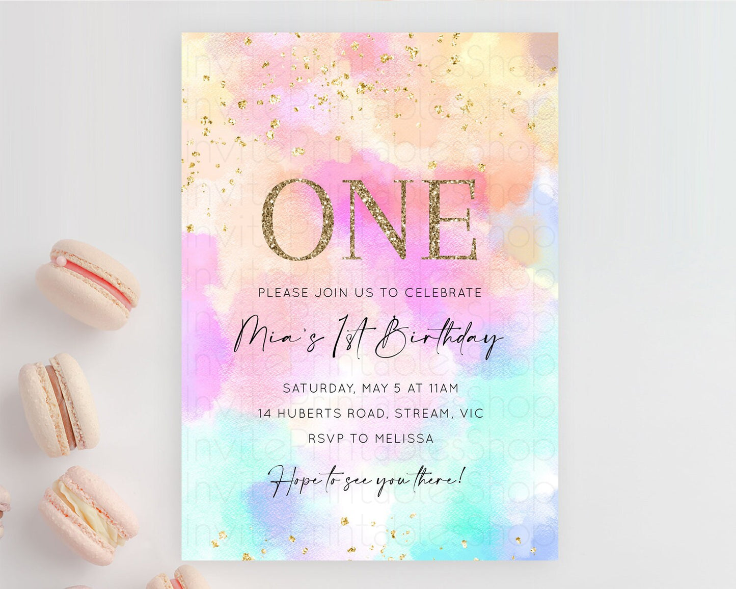 Rainbow Birthday Invitation Colorful Pastel Watercolor Invitation Gold Glitter Sprinkles Ombre Pastel 1st 2nd 3rd Birthday D10667