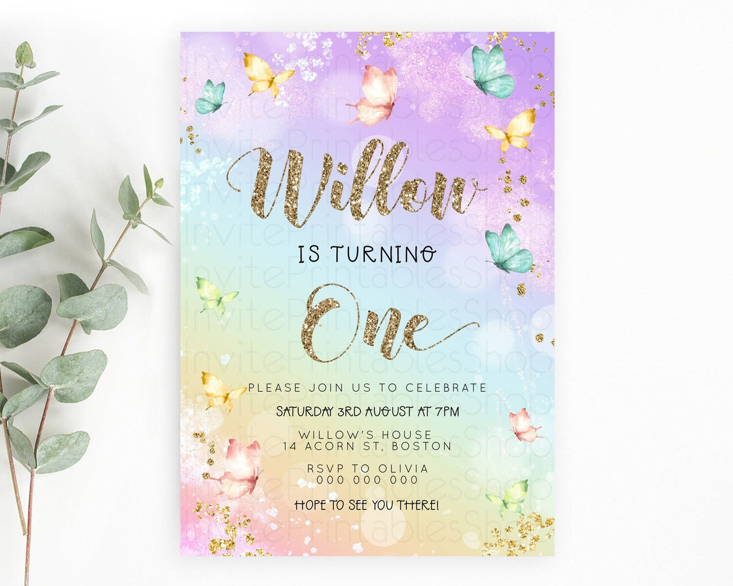 Pastel Butterfly Birthday Invitation Butterfly Birthday Invitation Colorful Splash Glitter Butterfly Garden 1st 2nd Birthday D23089