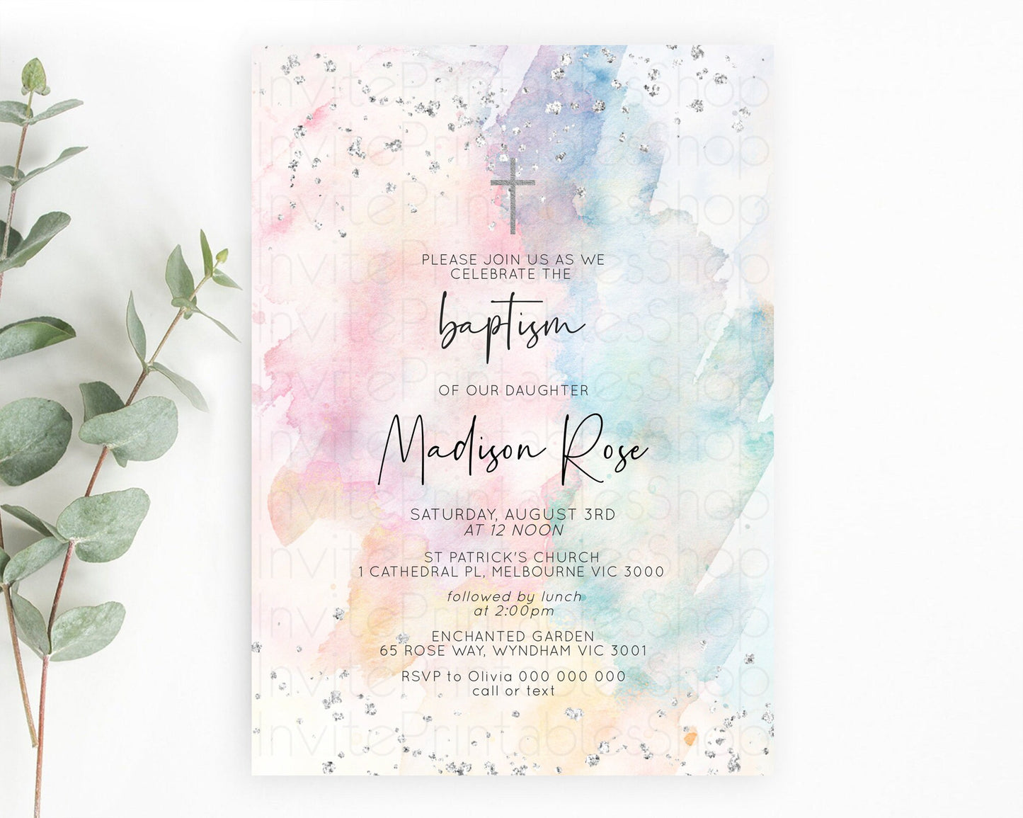 Rainbow Baptism Invitation Colorful Pastel Watercolor Baptism 1st Birthday Invitation Silver Glitter Ombre Christening Invitation D10945