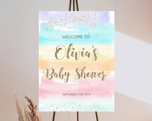 Editable Pastel Baby Shower Welcome Sign Pastel Rainbow Welcome Sign Colorfu