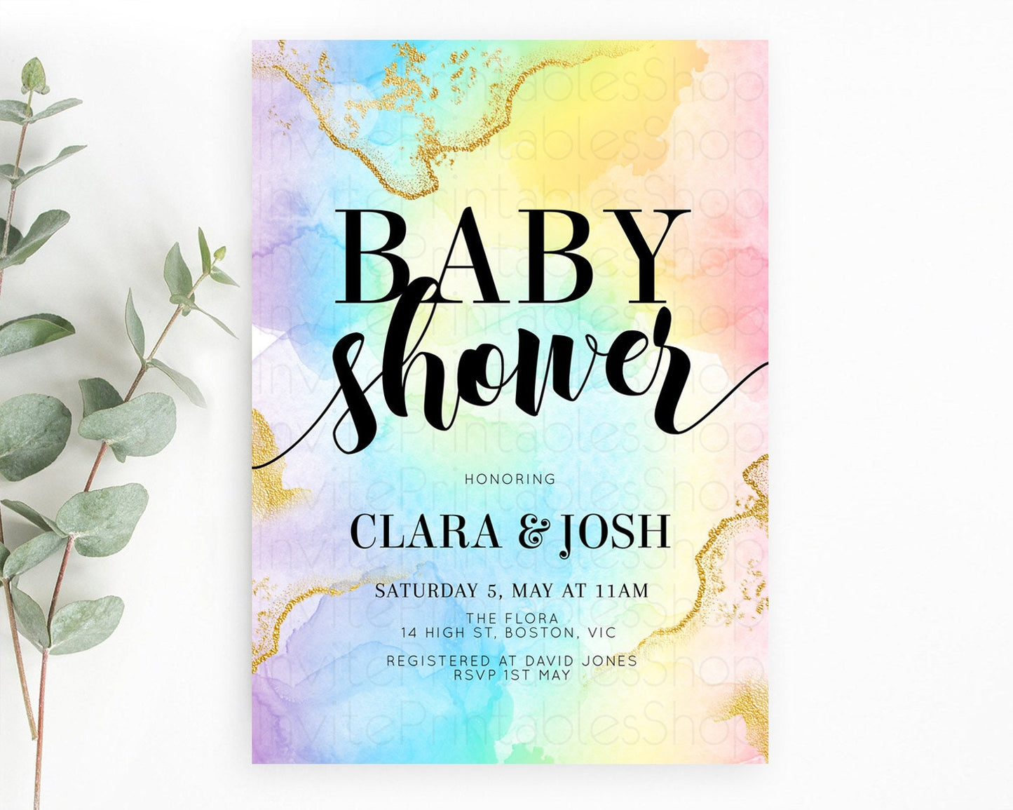 Pastel Baby Shower Invitation Rainbow Baby Shower Invitation Colorful Pastel Watercolor Invitation Gold Glitter Sprinkles Ombre D10589