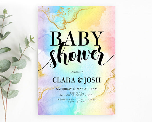 Pastel Baby Shower Invitation Rainbow Baby Shower Invitation Colorful Pastel Watercolor Invitation Gold Glitter Sprinkles Ombre D10589