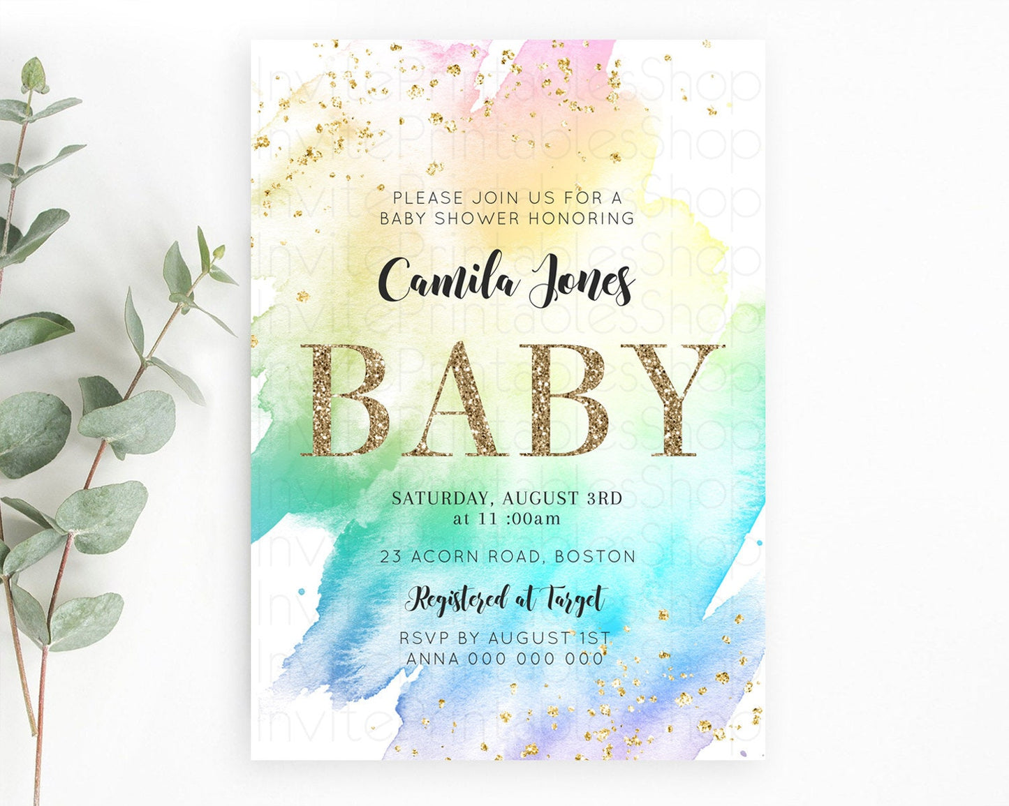 Pastel Rainbow Baby Shower Invitation with Gold Glitter Sprinkles, Colorful Watercolor Ombre Theme in Pink, Yellow, Blue, and Purple D10256