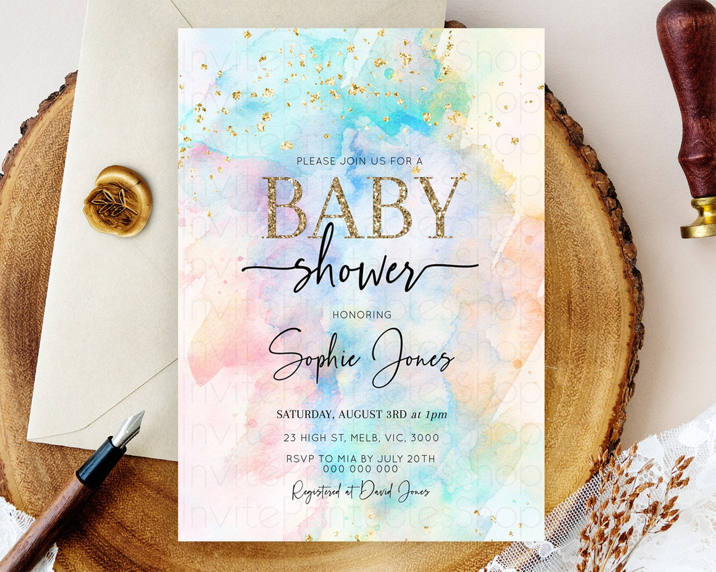 Pastel Baby Shower Invitation Rainbow Baby Shower Invitation Colorful Pastel Watercolor Invitation Gold Glitter Sprinkles Ombre D10260