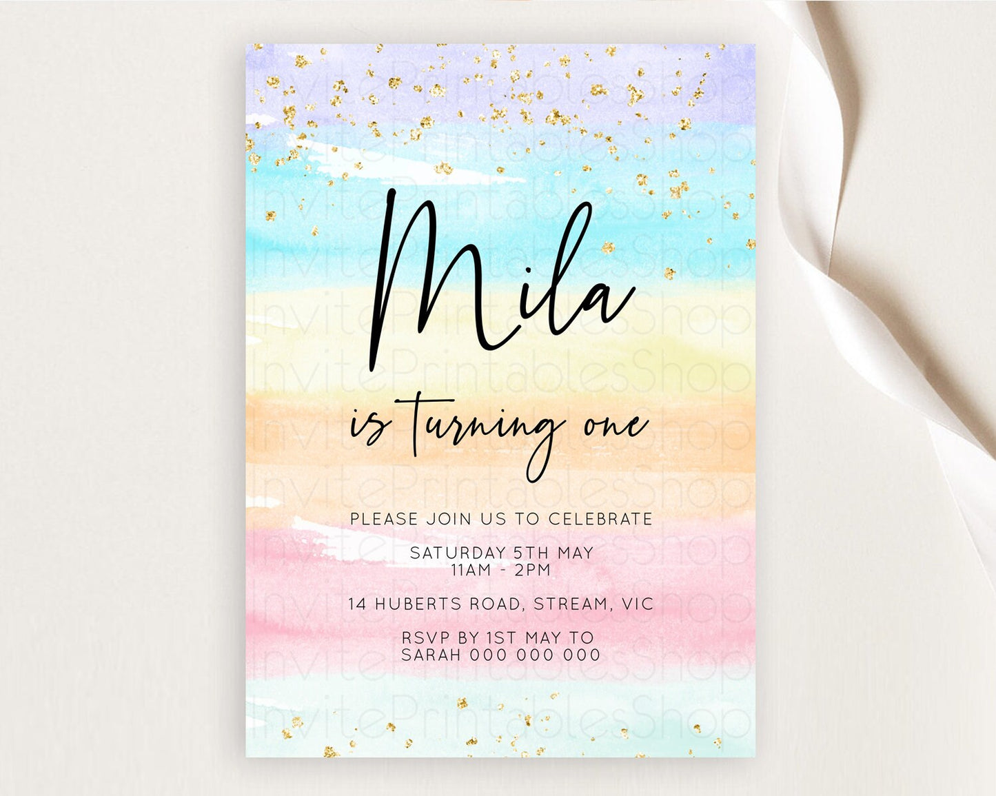 Rainbow Birthday Invitation Colorful Pastel Watercolor Invitation Gold Glitter Sprinkles Ombre Pastel 1st 2nd 3rd Birthday D10505