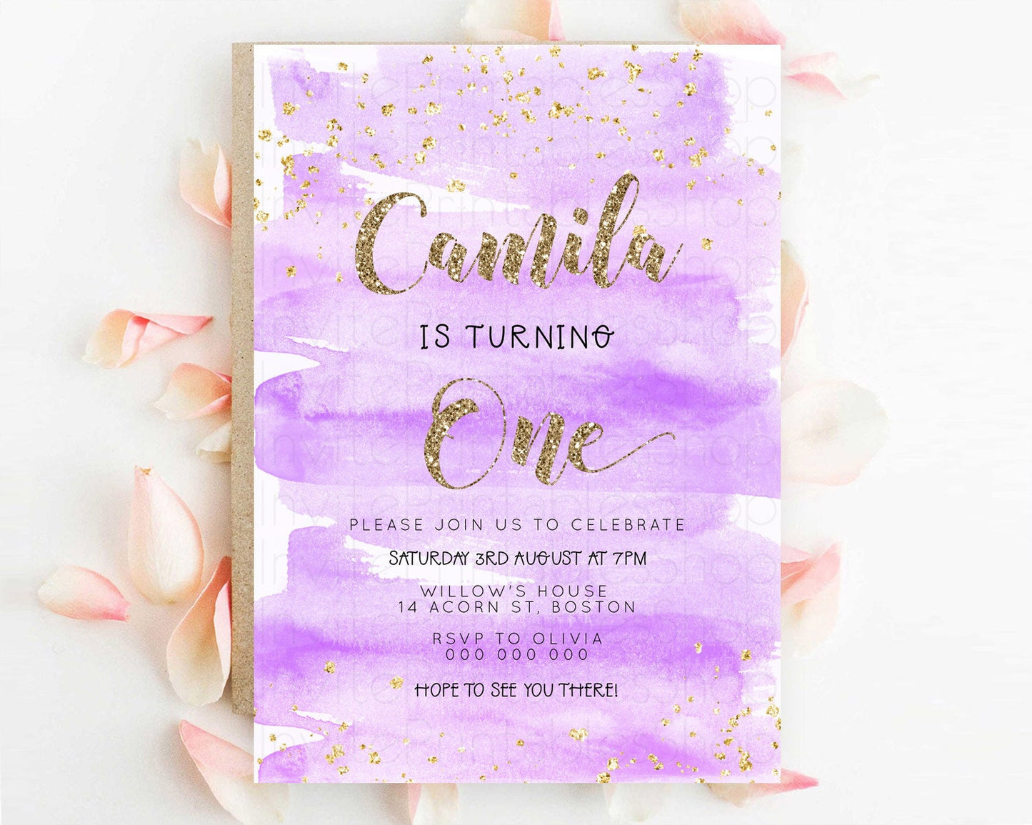 Purple Birthday Invitation Purple Watercolor Invite Pastel Purple Watercolor Invitation Purple Splash Gold Invitation First Birthday D23280