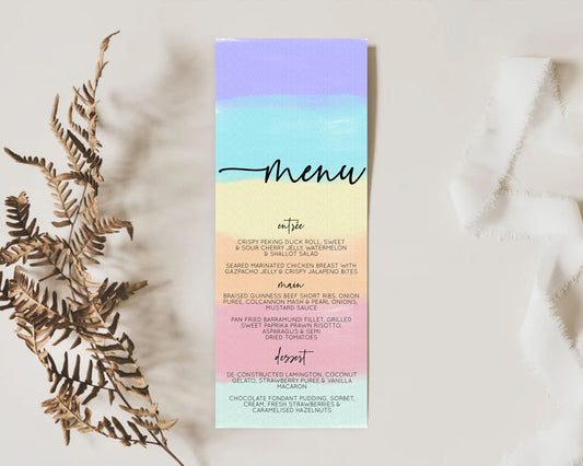 Editable Pastel Menu Pastel Rainbow Menu Template Colorful Pastel Table Deco