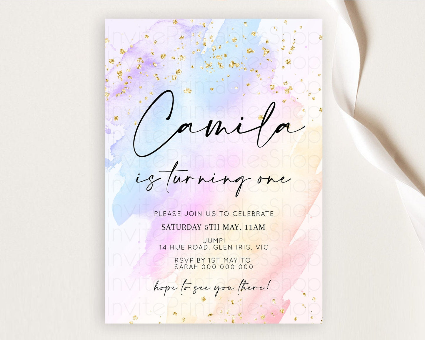Rainbow Birthday Invitation Colorful Pastel Watercolor Invitation Gold Glitter Sprinkles Ombre Pastel 1st 2nd 3rd Birthday D10635