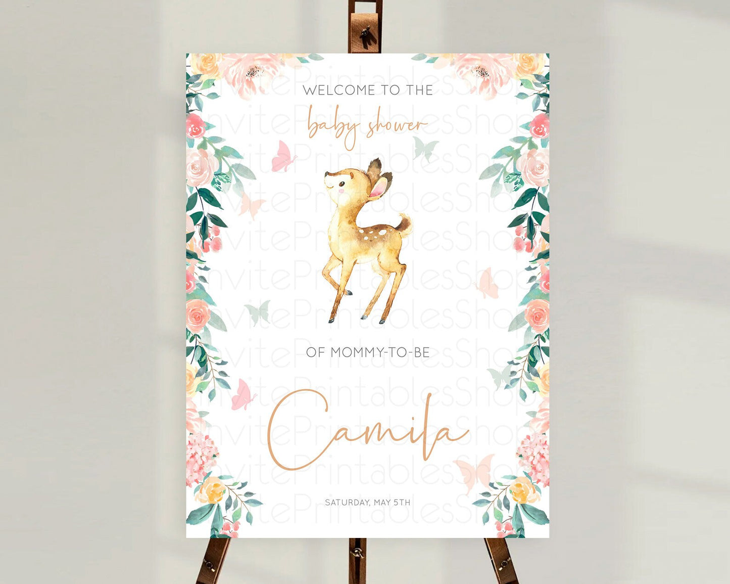 Fawn Baby Shower Welcome Sign Deer Welcome Board Floral Deer Welcome Poster Enchanted Forest Butterfly Pastel Floral Welcome Sign D10753